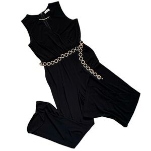 Calvin Klein sleeveless V neck wide leg black jumpsuit with gold belt Size 6